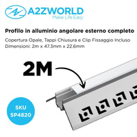 Kit Profilo Alluminio Completo Da 2 Metri Per Striscia Led, Angolare Esterno Da Incasso Con Alette Scomparsa,  Dimensione 47.3*22.6mm, Larghezza Interna 10mm, 242g/m, Copertura Opale, Tappi Chiusura e Clip Fissaggio Incluso,BAV3361