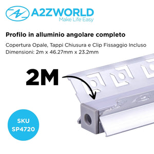 Kit Profilo Alluminio Completo Da 2 Metri Per Striscia Led, Angolare Interno Da Incasso Cartongesso Con Alette Scomparsa,  Dimensione 46.27*23.2mm, Larghezza Interna 10mm, 279g/m, Copertura Opale, Tappi Chiusura e Clip Fissaggio Incluso,BAV3362