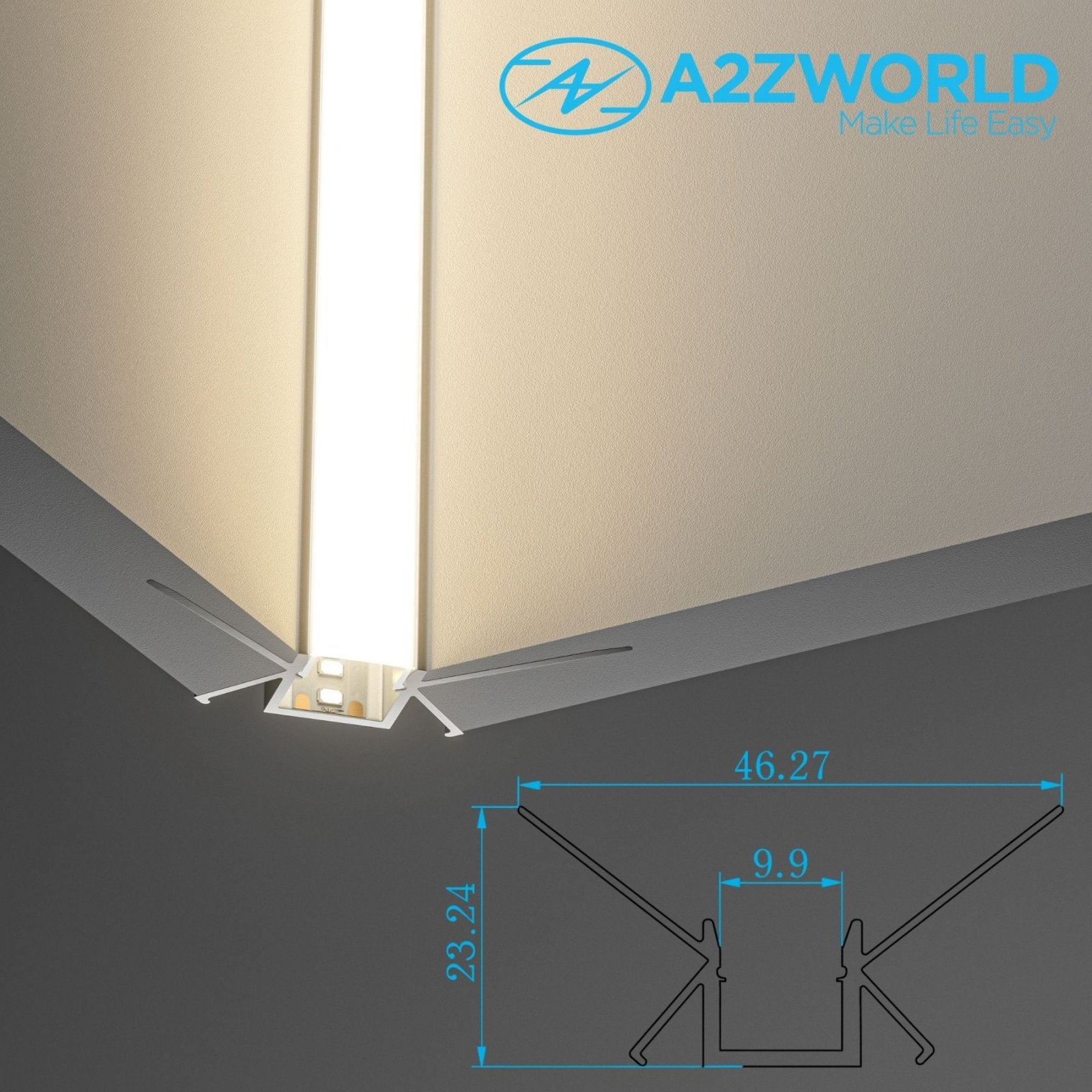 Kit Profilo Alluminio Completo Da 2 Metri Per Striscia Led, Angolare Interno Da Incasso Cartongesso Con Alette Scomparsa,  Dimensione 46.27*23.2mm, Larghezza Interna 10mm, 279g/m, Copertura Opale, Tappi Chiusura e Clip Fissaggio Incluso,BAV3362