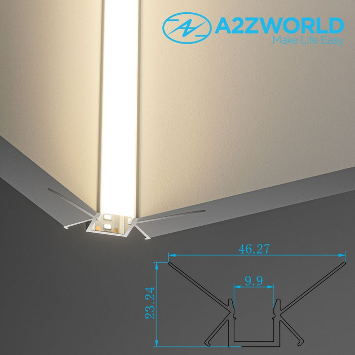 Kit Profilo Alluminio Completo Da 2 Metri Per Striscia Led, Angolare Interno Da Incasso Cartongesso Con Alette Scomparsa,  Dimensione 46.27*23.2mm, Larghezza Interna 10mm, 279g/m, Copertura Opale, Tappi Chiusura e Clip Fissaggio Incluso,BAV3362