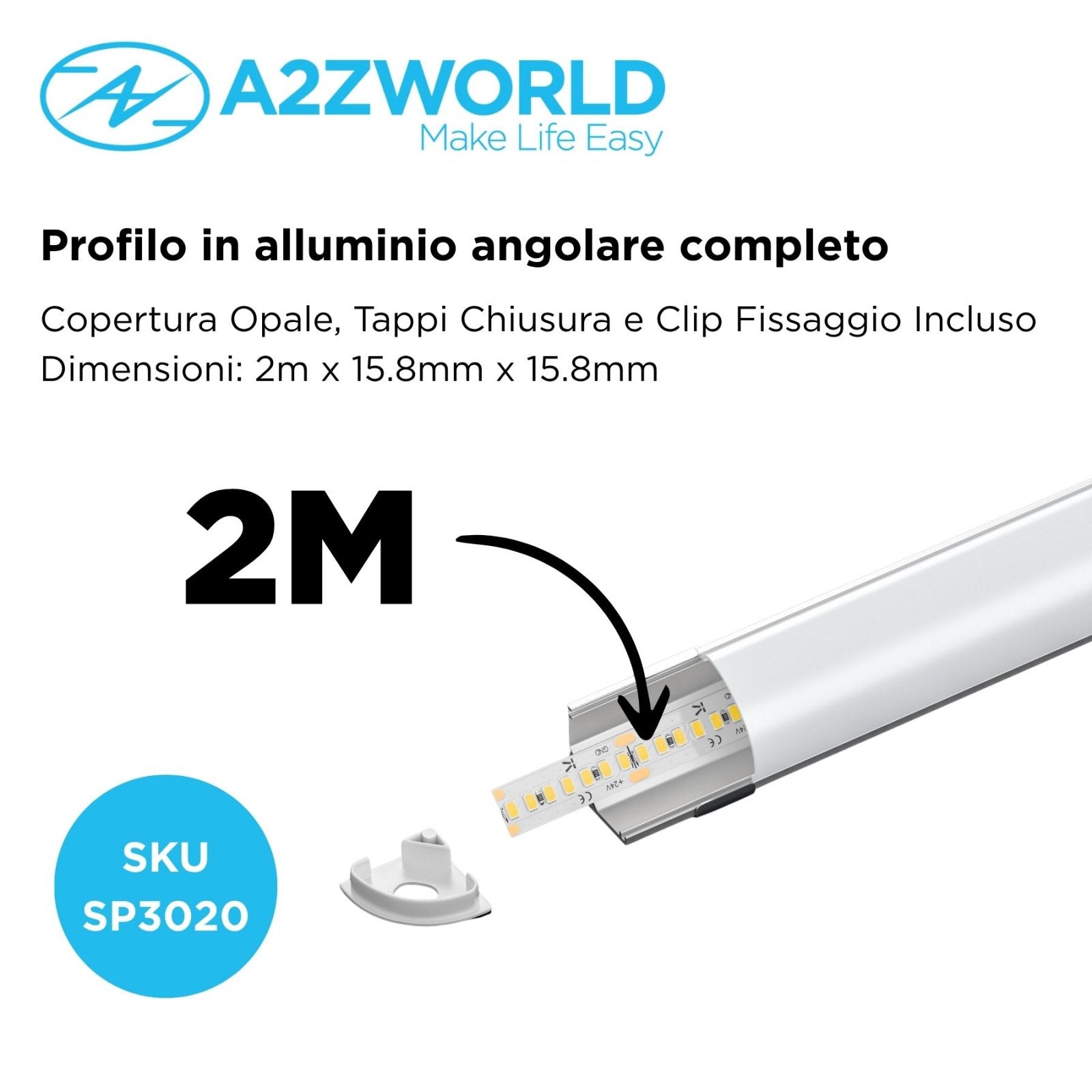 Kit Profilo Alluminio Completo Da 2 Metri Per Striscia Led, Angolare Leggera, Dimensione 15.8*15.8mm, Larghezza Interna 10mm, 77g/m, Copertura Opale, Tappi Chiusura e Clip Fissaggio Incluso,BAV10322,BAV3353,BA1616