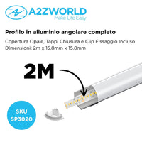 Kit Profilo Alluminio Completo Da 2 Metri Per Striscia Led, Angolare Leggera, Dimensione 15.8*15.8mm, Larghezza Interna 10mm, 77g/m, Copertura Opale, Tappi Chiusura e Clip Fissaggio Incluso,BAV10322,BAV3353,BA1616