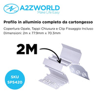 Kit Profilo Alluminio Completo Da 2 Metri Per Striscia Led, Da Cartongesso Illuminazione Indiritta, Dimensione 77.9*70.3mm, Larghezza Interna 10.5mm, 675g/m, Copertura Opale, Tappi Chiusura e Clip Fissaggio Incluso