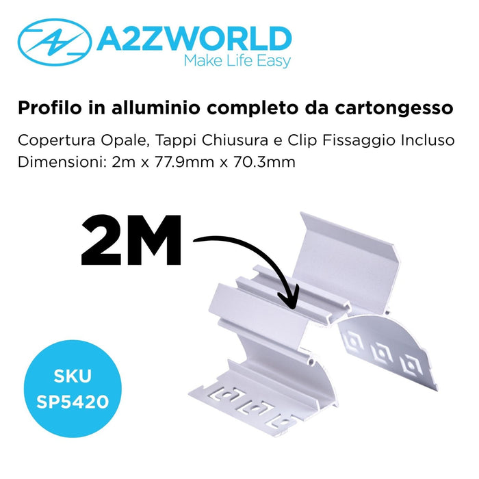 Kit Profilo Alluminio Completo Da 2 Metri Per Striscia Led, Da Cartongesso Illuminazione Indiritta, Dimensione 77.9*70.3mm, Larghezza Interna 10.5mm, 675g/m, Copertura Opale, Tappi Chiusura e Clip Fissaggio Incluso