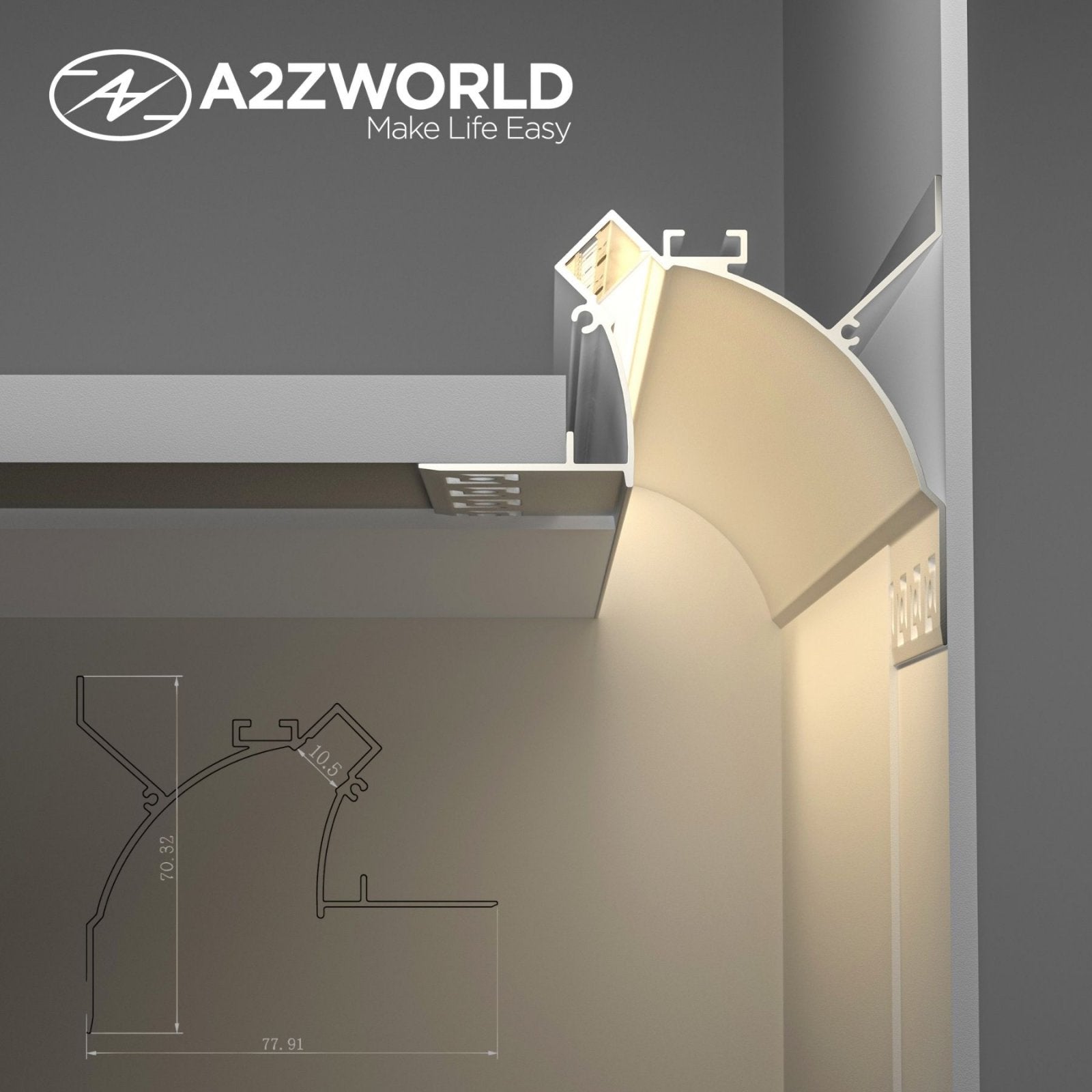 Kit Profilo Alluminio Completo Da 2 Metri Per Striscia Led, Da Cartongesso Illuminazione Indiritta, Dimensione 77.9*70.3mm, Larghezza Interna 10.5mm, 675g/m, Copertura Opale, Tappi Chiusura e Clip Fissaggio Incluso