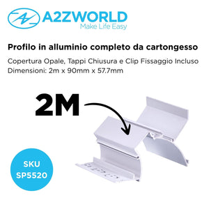 Kit Profilo Alluminio Completo Da 2 Metri Per Striscia Led, Da Cartongesso Illuminazione Indiritta, Dimensione 90*57.7mm, Larghezza Interna 20mm, 811g/m, Copertura Opale, Tappi Chiusura e Clip Fissaggio Incluso