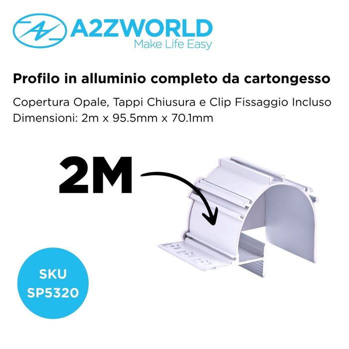 Kit Profilo Alluminio Completo Da 2 Metri Per Striscia Led, Da Cartongesso Illuminazione Indiritta, Dimensione 95.5*70.1mm, Larghezza Interna 20mm, 1333g/m, Copertura Opale, Tappi Chiusura e Clip Fissaggio Incluso