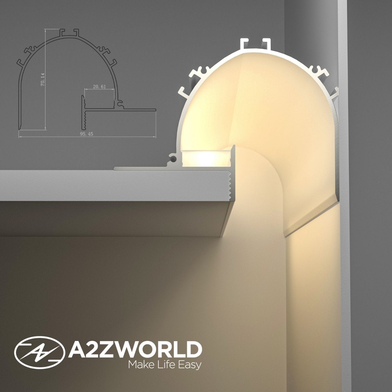 Kit Profilo Alluminio Completo Da 2 Metri Per Striscia Led, Da Cartongesso Illuminazione Indiritta, Dimensione 95.5*70.1mm, Larghezza Interna 20mm, 1333g/m, Copertura Opale, Tappi Chiusura e Clip Fissaggio Incluso