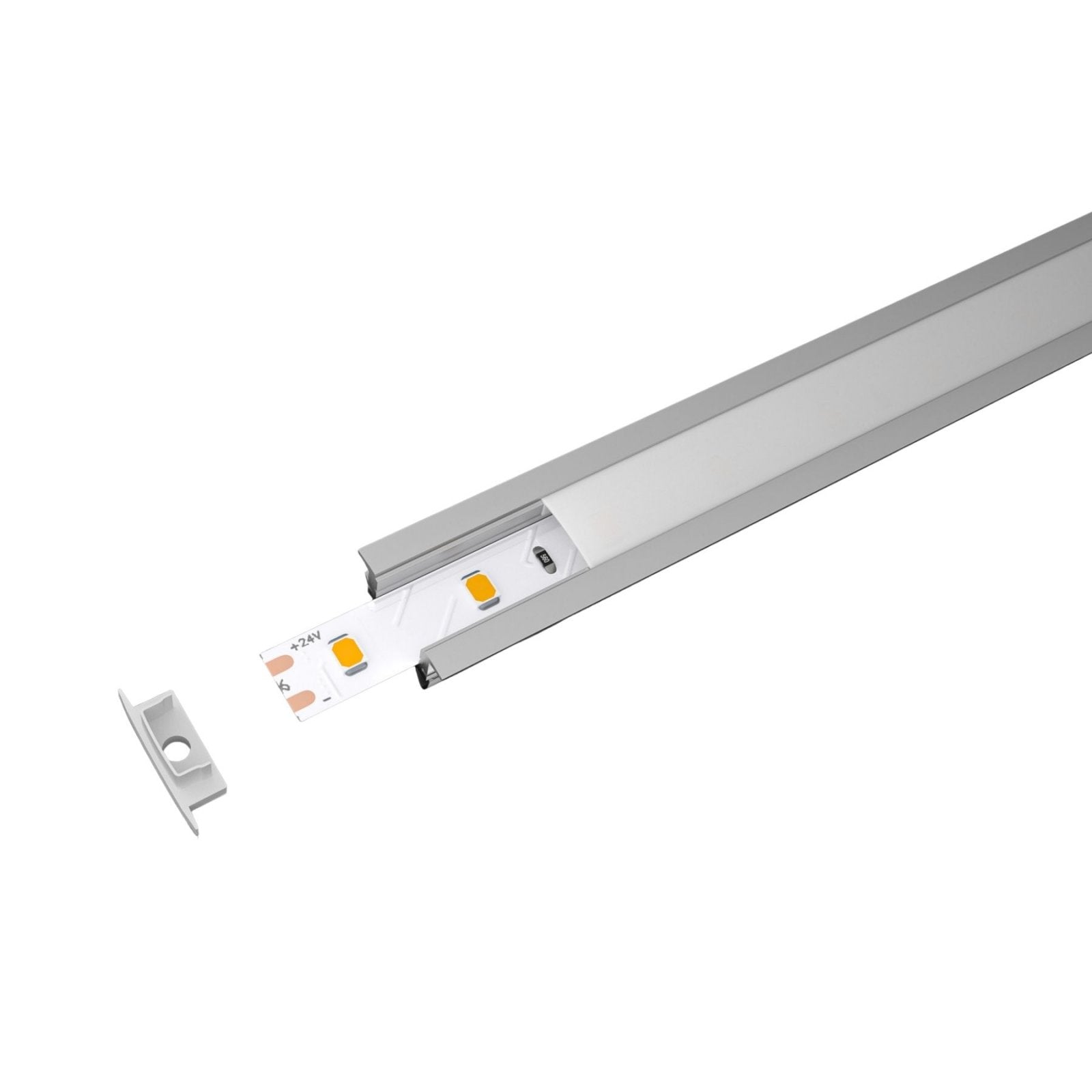 Kit Profilo Alluminio Completo Da 2 Metri Per Striscia Led, Da Incasso, Dimensione 24.7*7mm, Larghezza Interna 12.4mm, 133g/m, 2 Metri Copertura Opale, Tappi Chiusura e Clip Fissaggio Incluso, BAV10320,BAV3350,BA2507