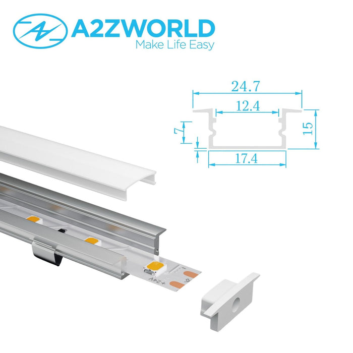 Kit Profilo Alluminio Completo Da 2 Metri Per Striscia Led, Da Incasso, Dimensione 24.7*7mm, Larghezza Interna 12.4mm, 133g/m, 2 Metri Copertura Opale, Tappi Chiusura e Clip Fissaggio Incluso, BAV10320,BAV3350,BA2507