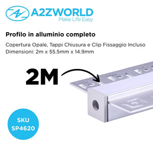 Kit Profilo Alluminio Completo Da 2 Metri Per Striscia Led, Da Incasso Cartongesso Con Alette Scomparsa, Dimensione 55.5*14.9mm, Larghezza Interna 12.9mm, 284g/m, Copertura Opale, Tappi Chiusura e Clip Fissaggio Incluso,BAV23173,BAV3360,BA4435
