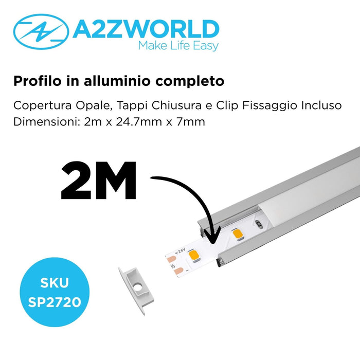 Kit Profilo Alluminio Completo Da 2 Metri Per Striscia Led, Da Incasso, Dimensione 24.7*7mm, Larghezza Interna 12.4mm, 133g/m, 2 Metri Copertura Opale, Tappi Chiusura e Clip Fissaggio Incluso, BAV10320,BAV3350,BA2507
