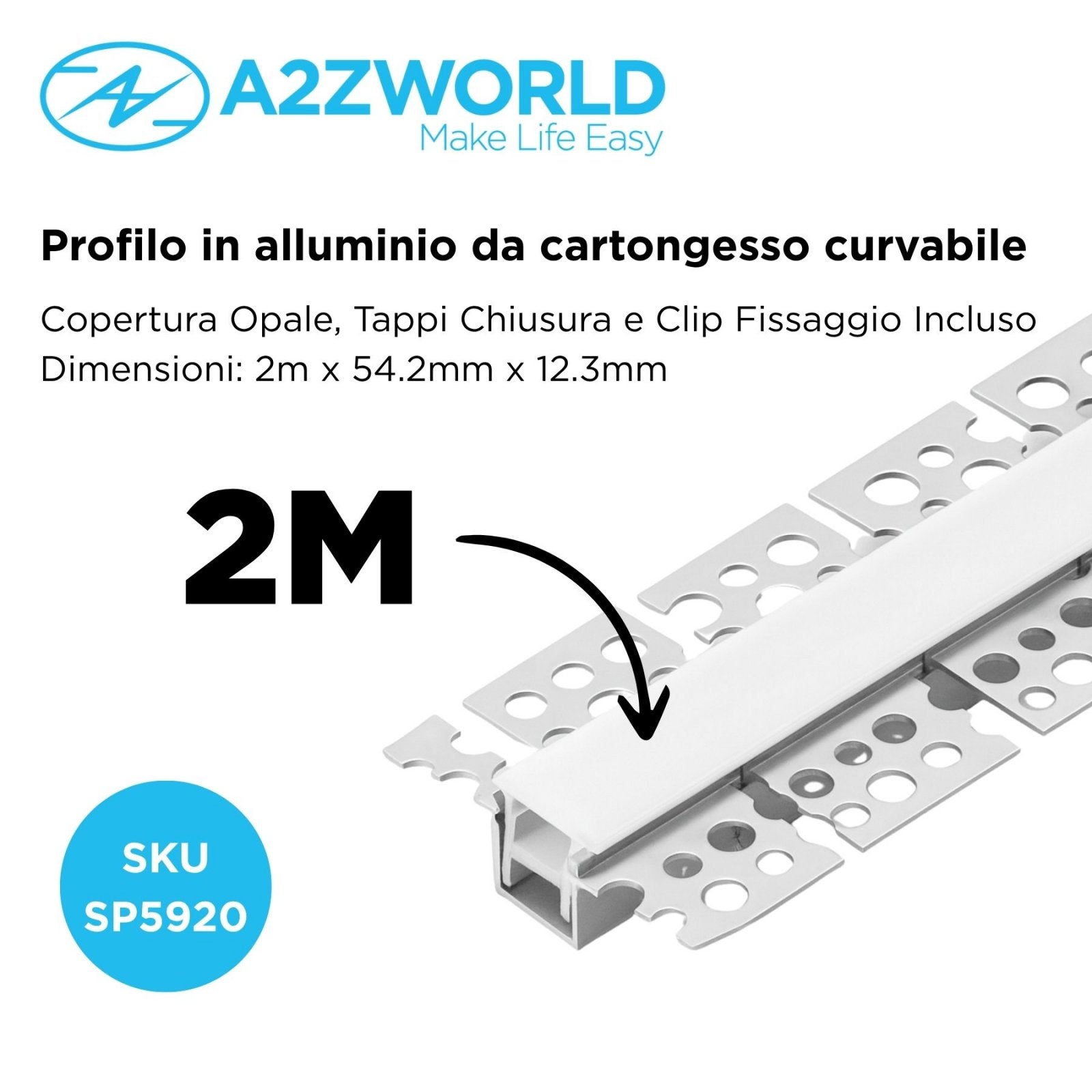 Kit Profilo Alluminio Completo Da 2 Metri Per Striscia Led, Da Incasso Cartongesso Curvabile Con Alette Scomparsa, Dimensione 54.2*12.3mm, Larghezza Interna 12mm, Copertura Opale, Tappi Chiusura e Clip Fissaggio Incluso