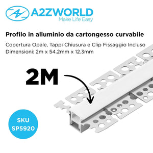 Kit Profilo Alluminio Completo Da 2 Metri Per Striscia Led, Da Incasso Cartongesso Curvabile Con Alette Scomparsa, Dimensione 54.2*12.3mm, Larghezza Interna 12mm, Copertura Opale, Tappi Chiusura e Clip Fissaggio Incluso