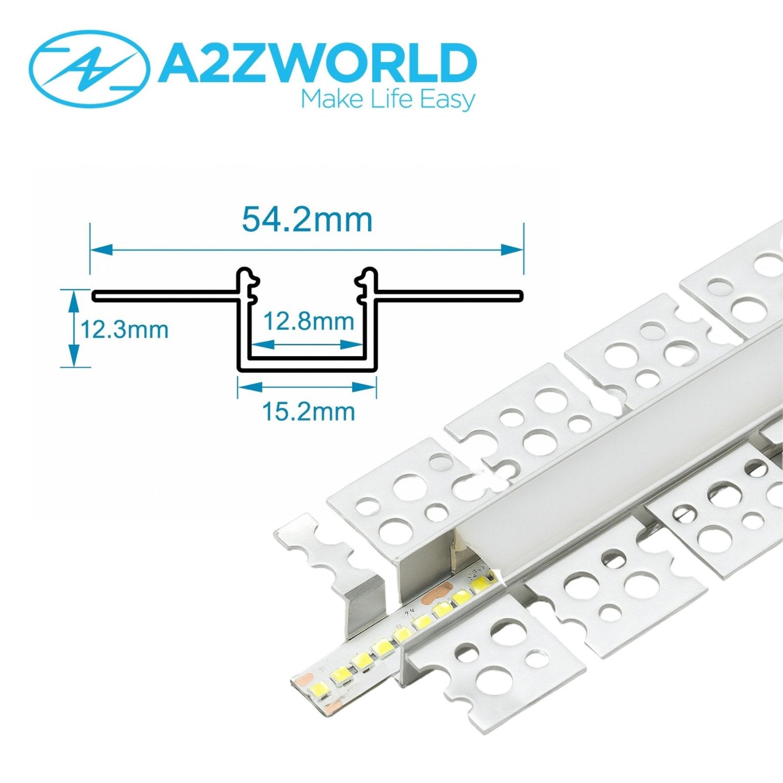 Kit Profilo Alluminio Completo Da 2 Metri Per Striscia Led, Da Incasso Cartongesso Curvabile Con Alette Scomparsa, Dimensione 54.2*12.3mm, Larghezza Interna 12mm, Copertura Opale, Tappi Chiusura e Clip Fissaggio Incluso