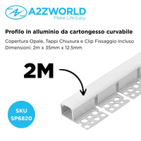 Kit Profilo Alluminio Completo Da 2 Metri Per Striscia Led, Da Incasso Cartongesso Curvabile Un Lato, Dimensione 35*12.5mm, Larghezza Interna 12mm, Copertura Opale, Tappi Chiusura e Clip Fissaggio Incluso