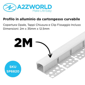 Kit Profilo Alluminio Completo Da 2 Metri Per Striscia Led, Da Incasso Cartongesso Curvabile Un Lato, Dimensione 35*12.5mm, Larghezza Interna 12mm, Copertura Opale, Tappi Chiusura e Clip Fissaggio Incluso