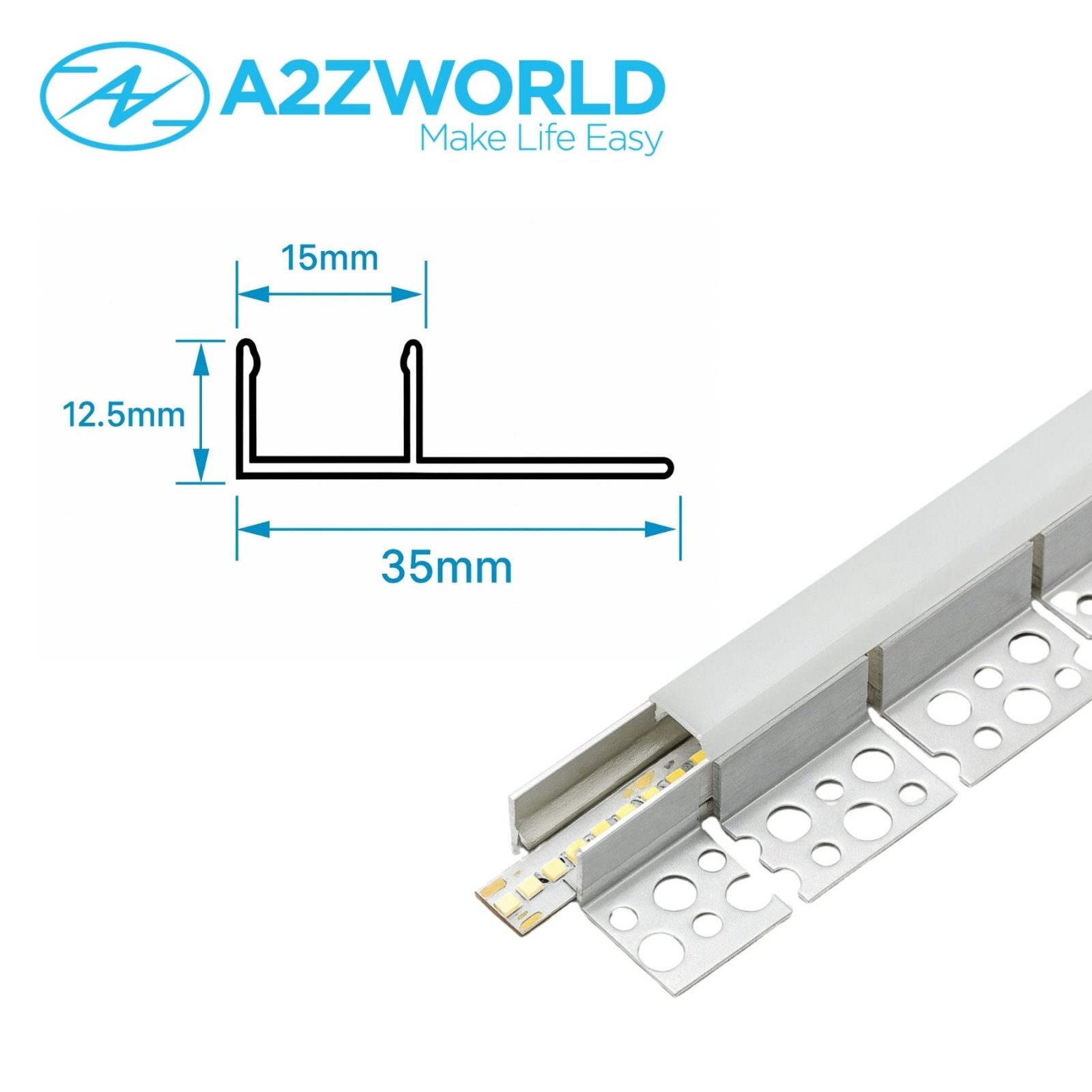 Kit Profilo Alluminio Completo Da 2 Metri Per Striscia Led, Da Incasso Cartongesso Curvabile Un Lato, Dimensione 35*12.5mm, Larghezza Interna 12mm, Copertura Opale, Tappi Chiusura e Clip Fissaggio Incluso