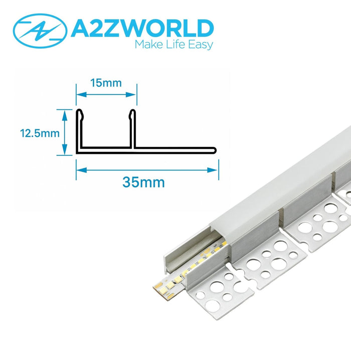 Kit Profilo Alluminio Completo Da 2 Metri Per Striscia Led, Da Incasso Cartongesso Curvabile Un Lato, Dimensione 35*12.5mm, Larghezza Interna 12mm, Copertura Opale, Tappi Chiusura e Clip Fissaggio Incluso