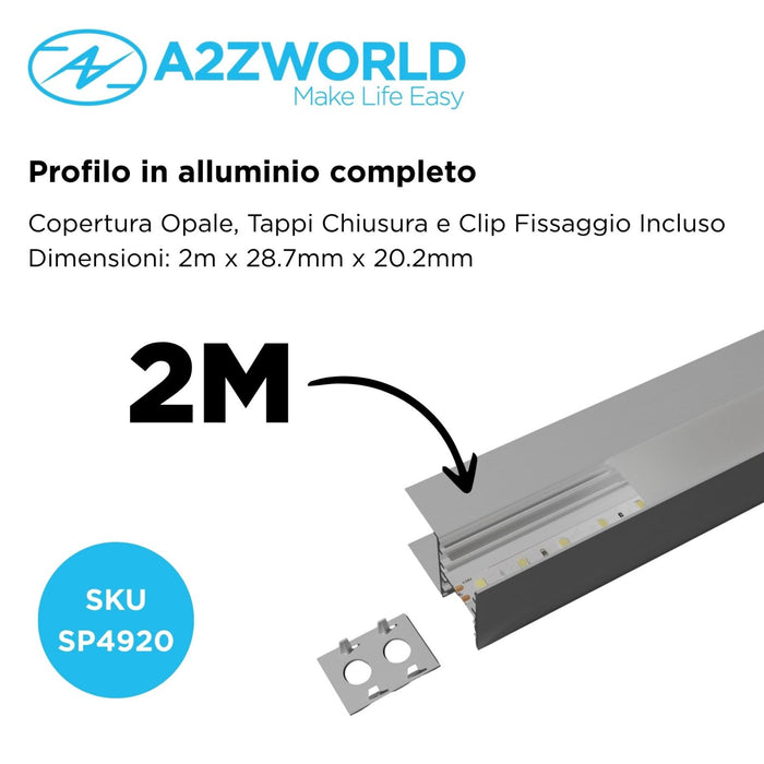 Kit Profilo Alluminio Completo Da 2 Metri Per Striscia Led, Doppio Esposizione Per Mensola, Dimensione 28.7*20.2mm, Larghezza Interna 10mm, 202g/m, Copertura Opale, Tappi Chiusura e Clip Fissaggio Incluso