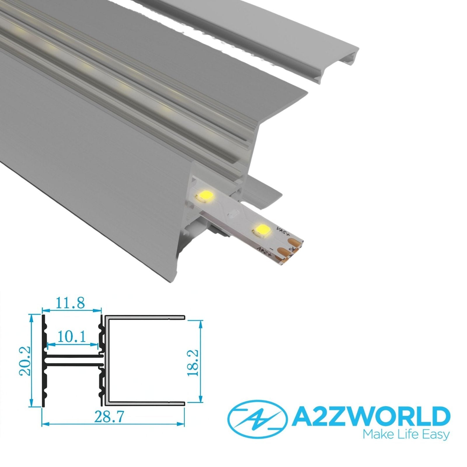 Kit Profilo Alluminio Completo Da 2 Metri Per Striscia Led, Doppio Esposizione Per Mensola, Dimensione 28.7*20.2mm, Larghezza Interna 10mm, 202g/m, Copertura Opale, Tappi Chiusura e Clip Fissaggio Incluso