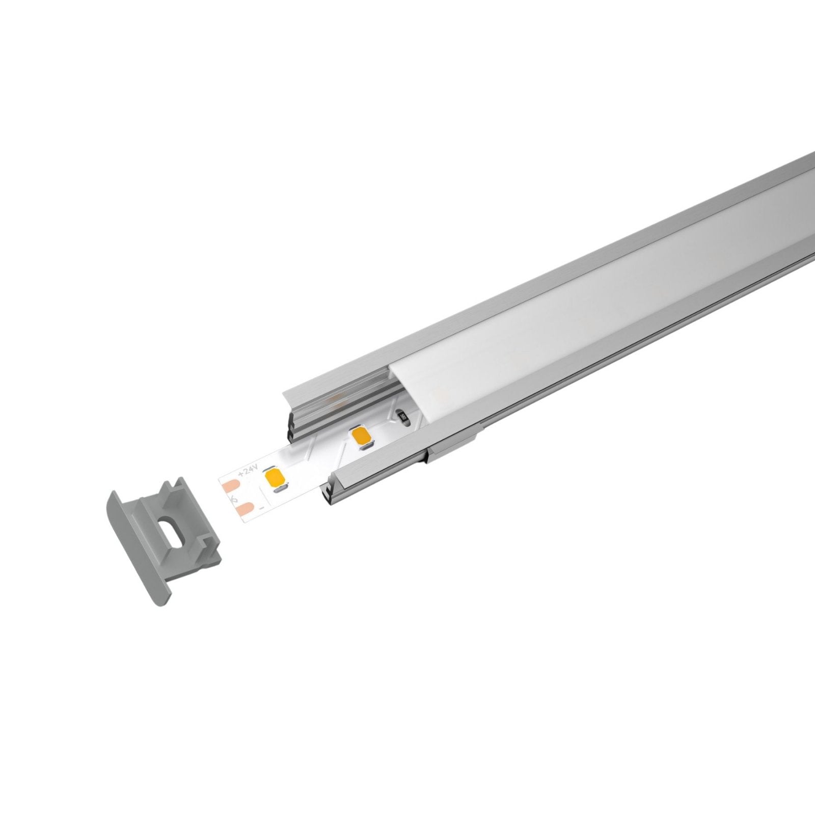 Kit Profilo Alluminio Completo Da 2 Metri Per Striscia Led, Larga e Alta da Incasso, Dimensione 27.2*15mm, Larghezza Interna 17mm, 193g/m, Copertura Opale, Tappi Chiusura e Clip Fissaggio Incluso