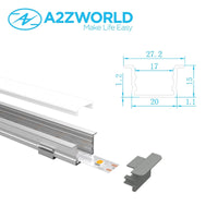 Kit Profilo Alluminio Completo Da 2 Metri Per Striscia Led, Larga e Alta da Incasso, Dimensione 27.2*15mm, Larghezza Interna 17mm, 193g/m, Copertura Opale, Tappi Chiusura e Clip Fissaggio Incluso
