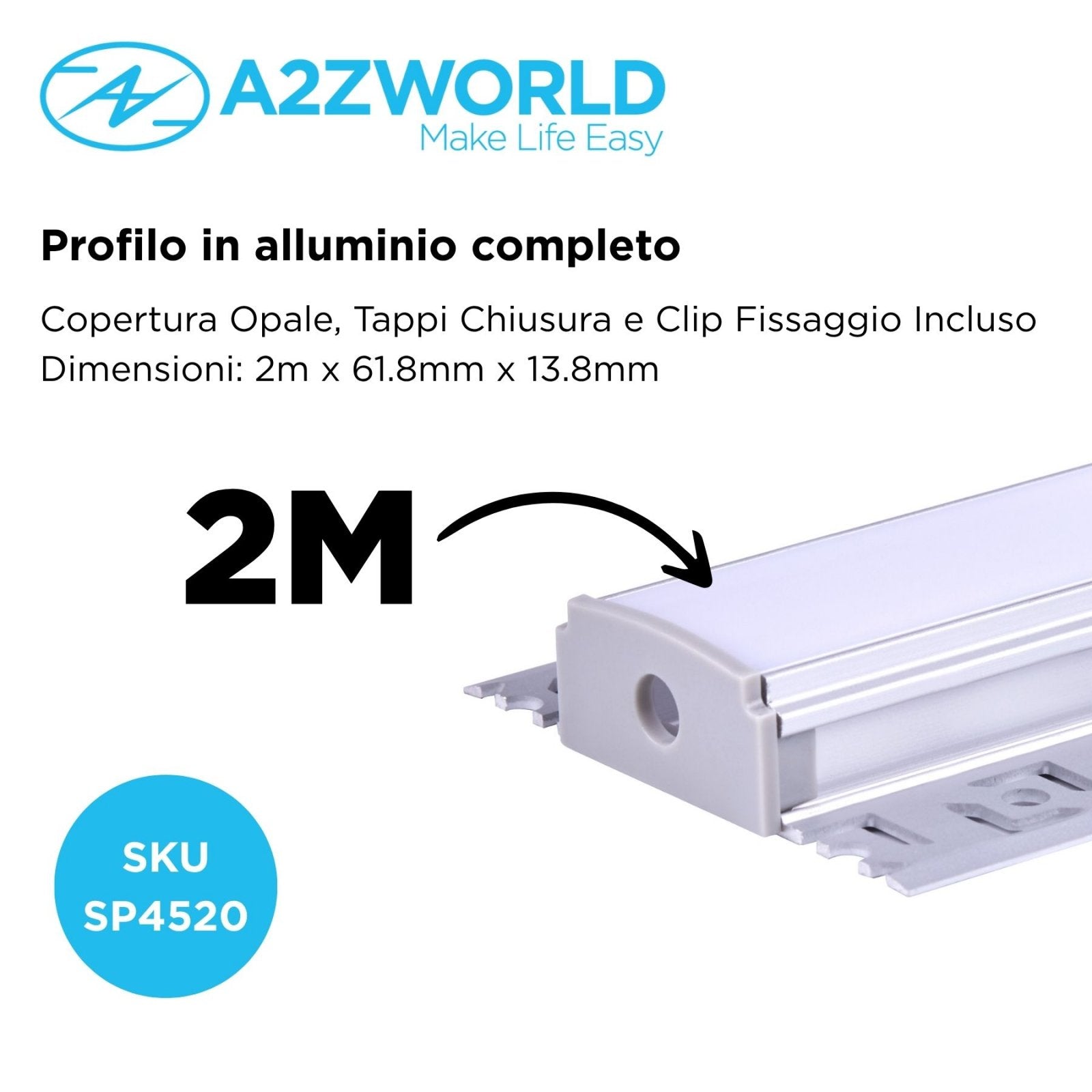 Kit Profilo Alluminio Completo Da 2 Metri Per Striscia Led, Larga Da Incasso Cartongesso Con Alette Scomparsa,  Dimensione 61.8*13.8mm, Larghezza Interna 20mm, 305g/m, Copertura Opale, Tappi Chiusura e Clip Fissaggio Incluso