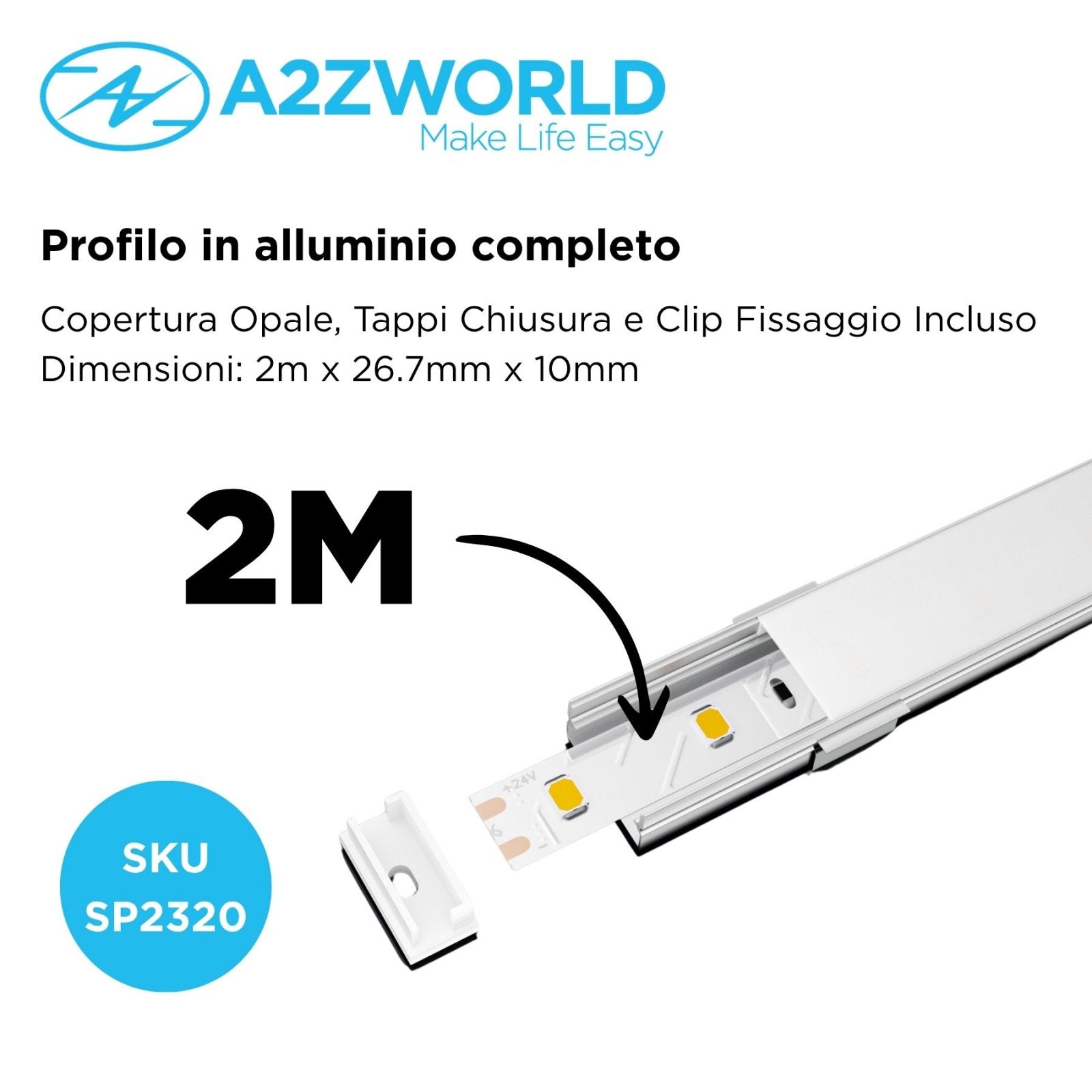 Kit Profilo Alluminio Completo Da 2 Metri Per Striscia Led, Larga Da Incasso, Dimensione 26.7*10mm, Larghezza Interna 17mm, 122g/m, Copertura Opale, Tappi Chiusura e Clip Fissaggio Incluso,BAV23175