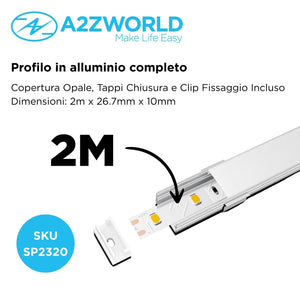 Kit Profilo Alluminio Completo Da 2 Metri Per Striscia Led, Larga Da Incasso, Dimensione 26.7*10mm, Larghezza Interna 17mm, 122g/m, Copertura Opale, Tappi Chiusura e Clip Fissaggio Incluso,BAV23175