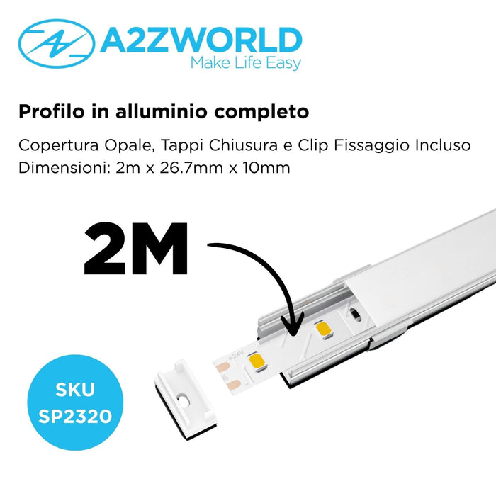 Kit Profilo Alluminio Completo Da 2 Metri Per Striscia Led, Larga Da Incasso, Dimensione 26.7*10mm, Larghezza Interna 17mm, 122g/m, Copertura Opale, Tappi Chiusura e Clip Fissaggio Incluso,BAV23175