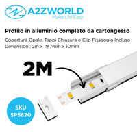 Kit Profilo Alluminio Completo Da 2 Metri Per Striscia Led, Larga Standard, Dimensione 19.7*10mm, Larghezza Interna 17mm, 109g/m, Copertura Opale, Tappi Chiusura e Clip Fissaggio Incluso,BAV23174