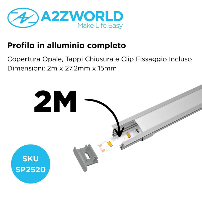 Kit Profilo Alluminio Completo Da 2 Metri Per Striscia Led, Larga e Alta da Incasso, Dimensione 27.2*15mm, Larghezza Interna 17mm, 193g/m, Copertura Opale, Tappi Chiusura e Clip Fissaggio Incluso