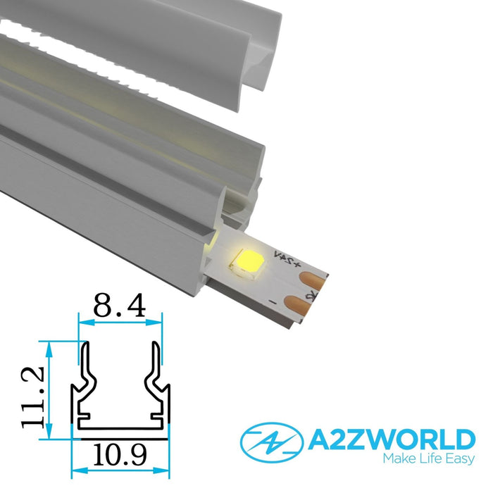 Kit Profilo Alluminio Completo Da 2 Metri Per Striscia Led, Slim, Dimensione 10.9*11.2mm, Larghezza Interna 5mm, 95g/m, Copertura Opale, Tappi Chiusura e Clip Fissaggio Incluso