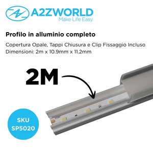 Kit Profilo Alluminio Completo Da 2 Metri Per Striscia Led, Slim, Dimensione 10.9*11.2mm, Larghezza Interna 5mm, 95g/m, Copertura Opale, Tappi Chiusura e Clip Fissaggio Incluso