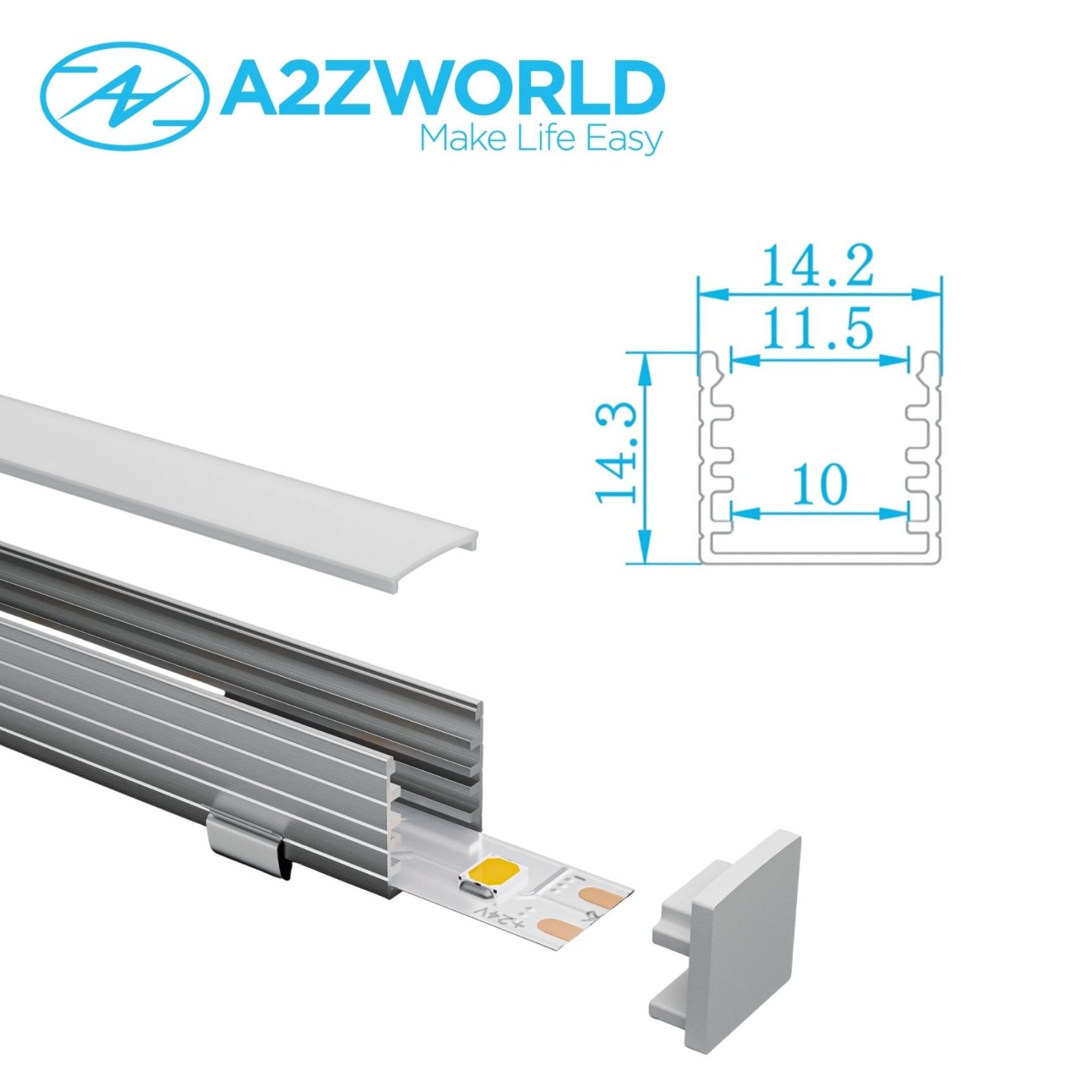 Kit Profilo Alluminio Completo Da 2 Metri Per Striscia Led, Standard Alta, Dimensione 14.2*14.3mm, Larghezza Interna 10mm, 103g/m, Copertura Opale, Tappi Chiusura e Clip Fissaggio Incluso