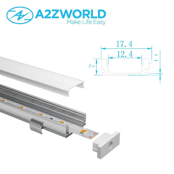 Kit Profilo Alluminio Completo Da 2 Metri Per Striscia Led, Standard, Dimensione 17.4*7mm, Larghezza Interna 12.4mm, 115g/m, Copertura Opale, Tappi Chiusura e Clip Fissaggio Incluso,BAV10321,BAV3355,BA1707,BAV3370