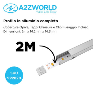 Kit Profilo Alluminio Completo Da 2 Metri Per Striscia Led, Standard Alta, Dimensione 14.2*14.3mm, Larghezza Interna 10mm, 103g/m, Copertura Opale, Tappi Chiusura e Clip Fissaggio Incluso