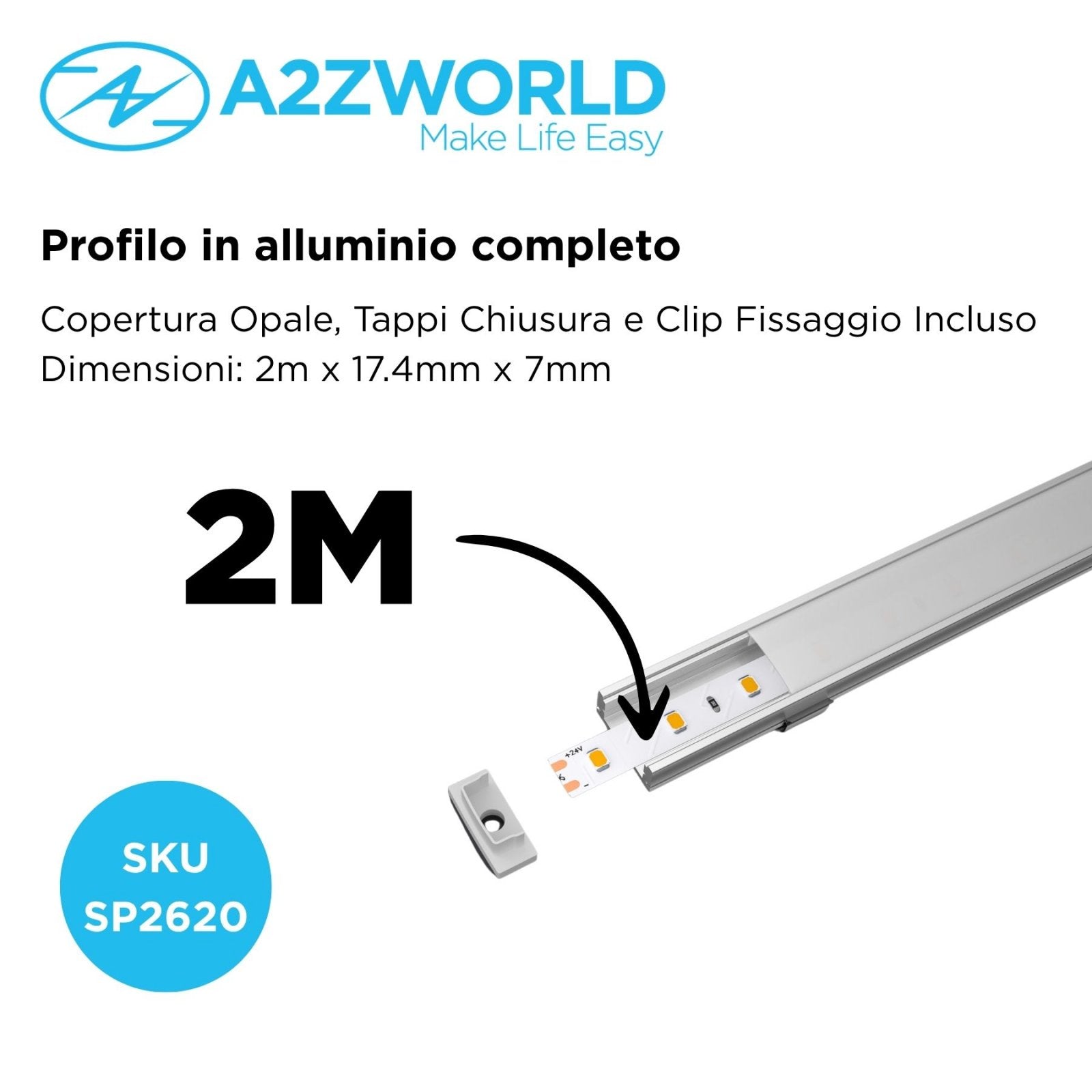 Kit Profilo Alluminio Completo Da 2 Metri Per Striscia Led, Standard, Dimensione 17.4*7mm, Larghezza Interna 12.4mm, 115g/m, Copertura Opale, Tappi Chiusura e Clip Fissaggio Incluso,BAV10321,BAV3355,BA1707,BAV3370