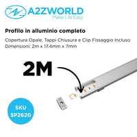 Kit Profilo Alluminio Completo Da 2 Metri Per Striscia Led, Standard, Dimensione 17.4*7mm, Larghezza Interna 12.4mm, 115g/m, Copertura Opale, Tappi Chiusura e Clip Fissaggio Incluso,BAV10321,BAV3355,BA1707,BAV3370