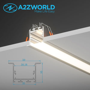 Kit Profilo Alluminio Completo Da 2 Metri Per Striscia Led, Super Larga e Alta Da Incasso, Dimensione 50*35mm, Larghezza Interna 30mm, 503g/m, Copertura Opale, Tappi Chiusura e Clip Fissaggio Incluso,BAV2871
