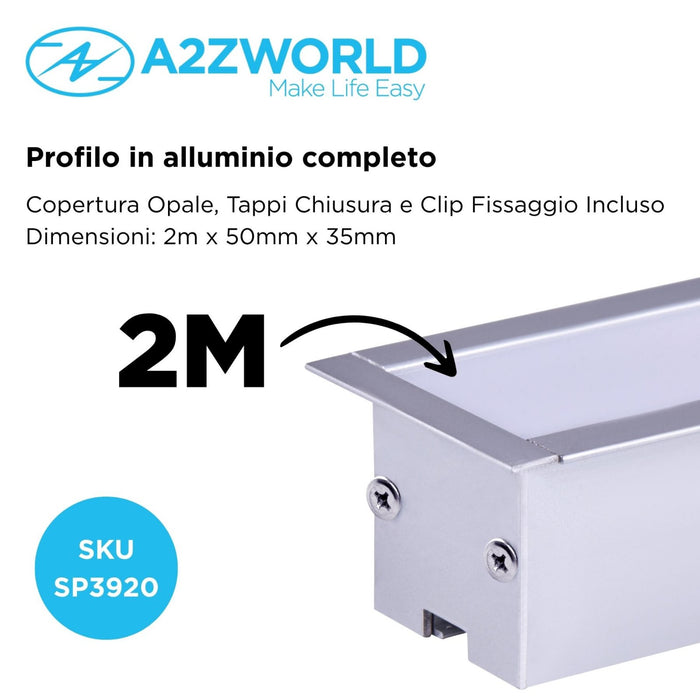 Kit Profilo Alluminio Completo Da 2 Metri Per Striscia Led, Super Larga e Alta Da Incasso, Dimensione 50*35mm, Larghezza Interna 30mm, 503g/m, Copertura Opale, Tappi Chiusura e Clip Fissaggio Incluso,BAV2871
