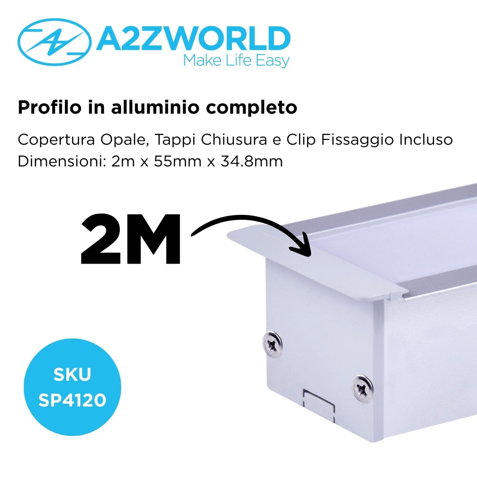 Kit Profilo Alluminio Completo Da 2 Metri Per Striscia Led, Super Larga e Alta Da Incasso, Dimensione 55*34.8mm, Larghezza Interna 34mm, 444g/m, Copertura Opale, Tappi Chiusura e Clip Fissaggio Incluso