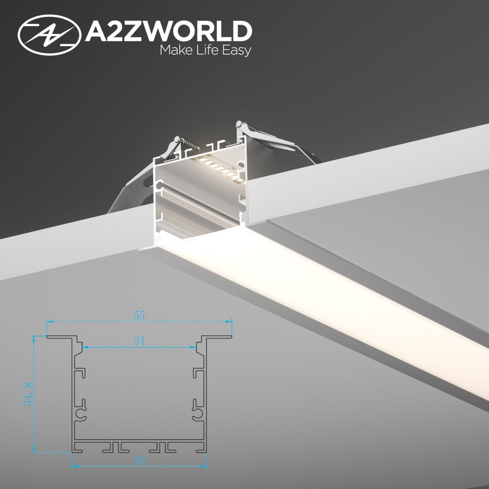Kit Profilo Alluminio Completo Da 2 Metri Per Striscia Led, Super Larga e Alta Da Incasso, Dimensione 55*34.8mm, Larghezza Interna 34mm, 444g/m, Copertura Opale, Tappi Chiusura e Clip Fissaggio Incluso
