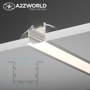 Kit Profilo Alluminio Completo Da 2 Metri Per Striscia Led, Super Larga e Alta Da Incasso, Dimensione 55*34.8mm, Larghezza Interna 34mm, 444g/m, Copertura Opale, Tappi Chiusura e Clip Fissaggio Incluso