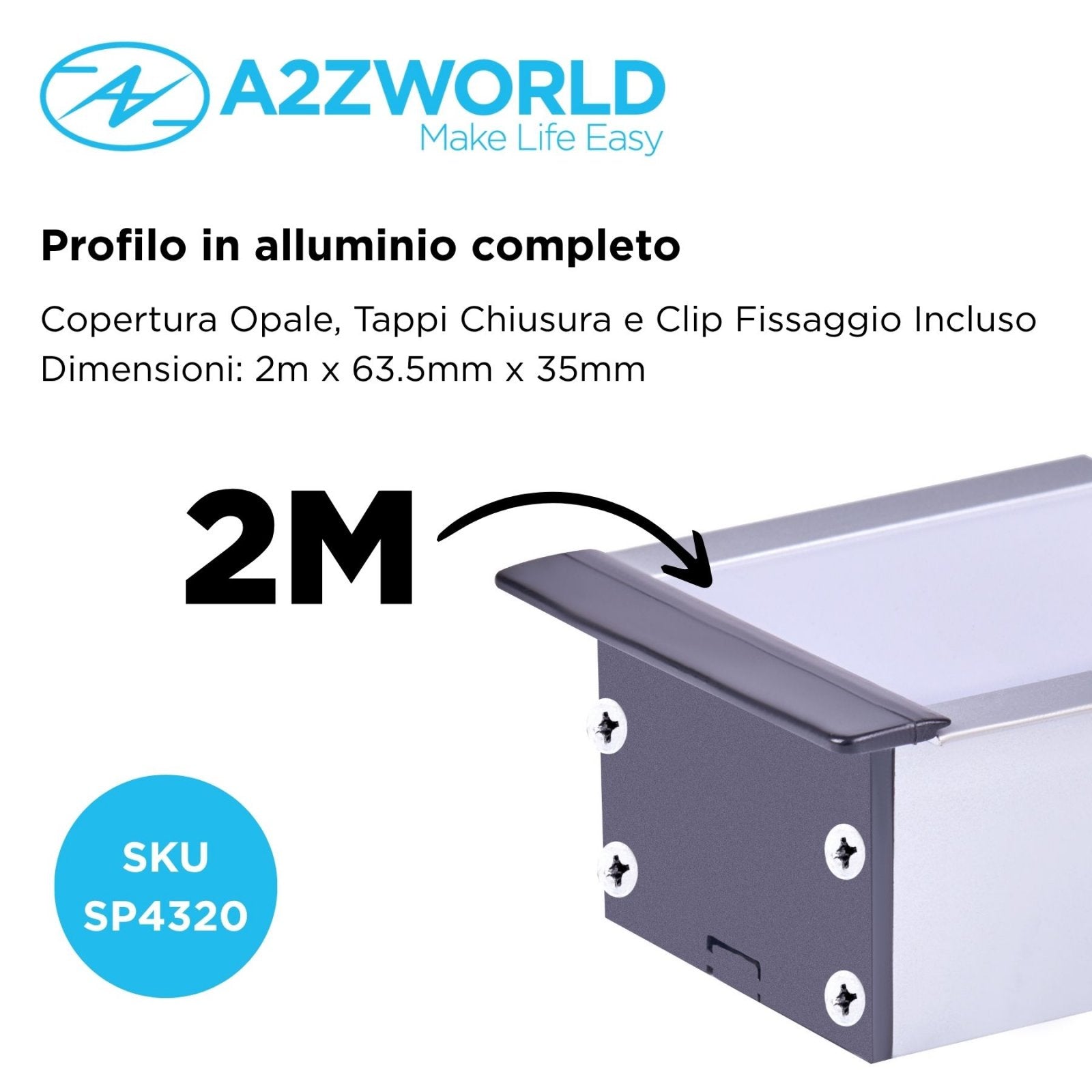 Kit Profilo Alluminio Completo Da 2 Metri Per Striscia Led, Super Larga e Alta Da Incasso, Dimensione 63.5*35mm, Larghezza Interna 44mm, 515g/m, Copertura Opale, Tappi Chiusura e Clip Fissaggio Incluso