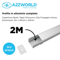 Kit Profilo Alluminio Completo Da 2 Metri Per Striscia Led, Super Larga e Alta, Dimensione 30*20mm, Larghezza Interna 25mm, 234g/m, Copertura Opale, Tappi Chiusura e Clip Fissaggio Incluso,BAV3371