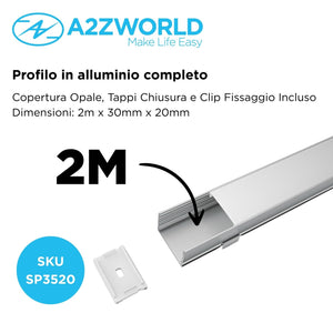 Kit Profilo Alluminio Completo Da 2 Metri Per Striscia Led, Super Larga e Alta, Dimensione 30*20mm, Larghezza Interna 25mm, 234g/m, Copertura Opale, Tappi Chiusura e Clip Fissaggio Incluso,BAV3371