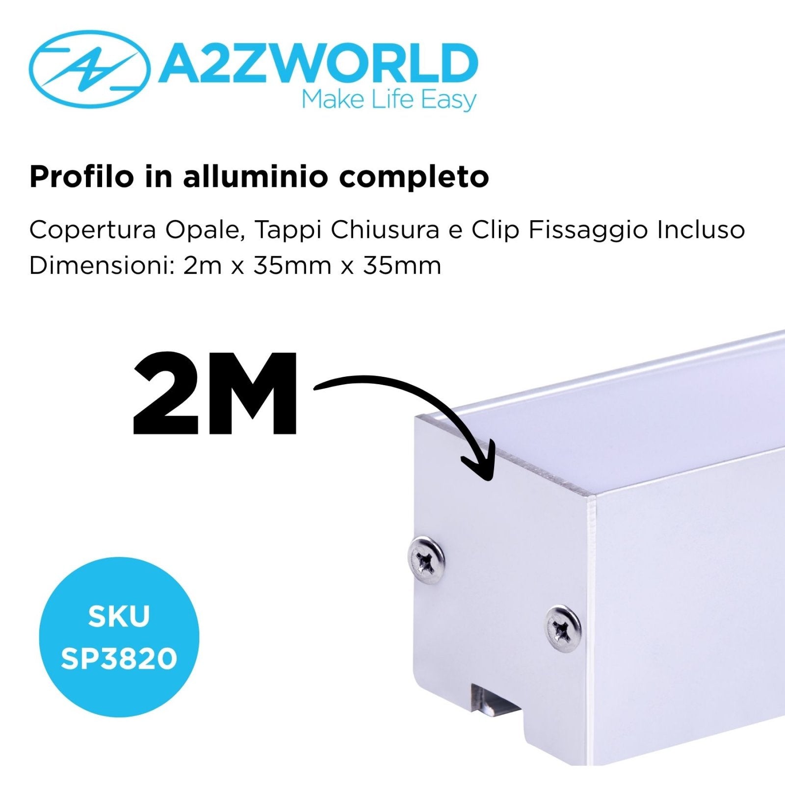 Kit Profilo Alluminio Completo Da 2 Metri Per Striscia Led, Super Larga e Alta, Dimensione 35*35mm, Larghezza Interna 30mm, 455g/m, Copertura Opale, Tappi Chiusura e Clip Fissaggio Incluso