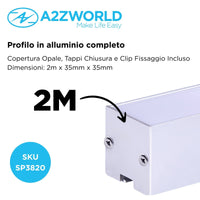 Kit Profilo Alluminio Completo Da 2 Metri Per Striscia Led, Super Larga e Alta, Dimensione 35*35mm, Larghezza Interna 30mm, 455g/m, Copertura Opale, Tappi Chiusura e Clip Fissaggio Incluso